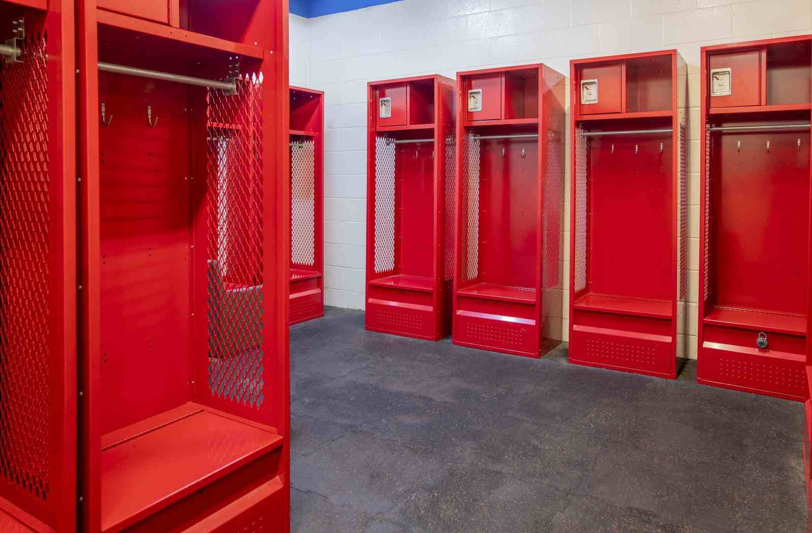 Red lockers in the change rooms at La Liga Sports Complex North York